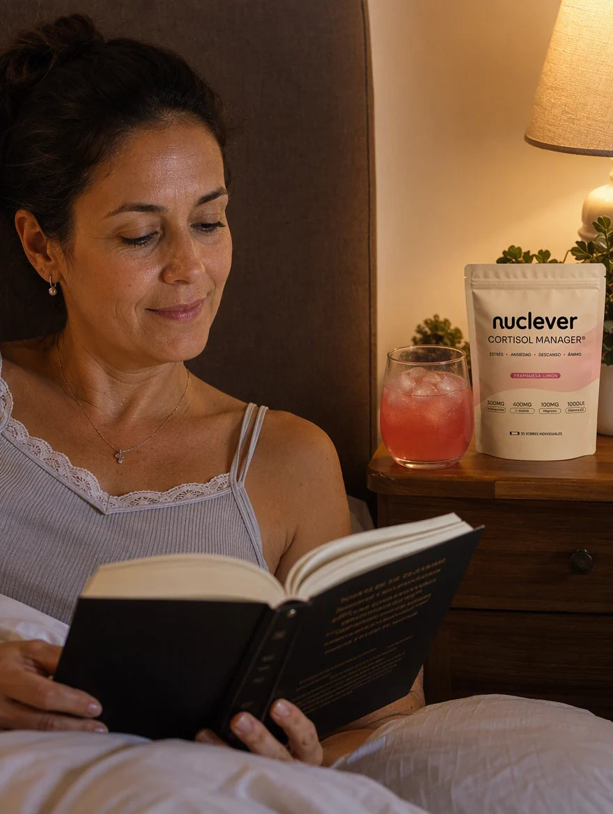 Mujer relajada leyendo en la cama, con Nuclever en la mesa de luz