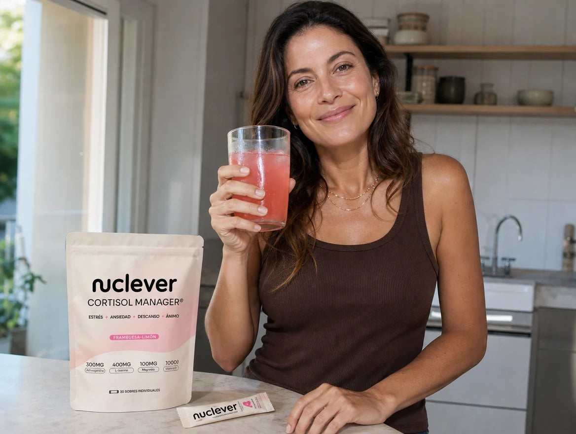 Mujer sonriendo en su cocina con un vaso de Nuclever y el paquete