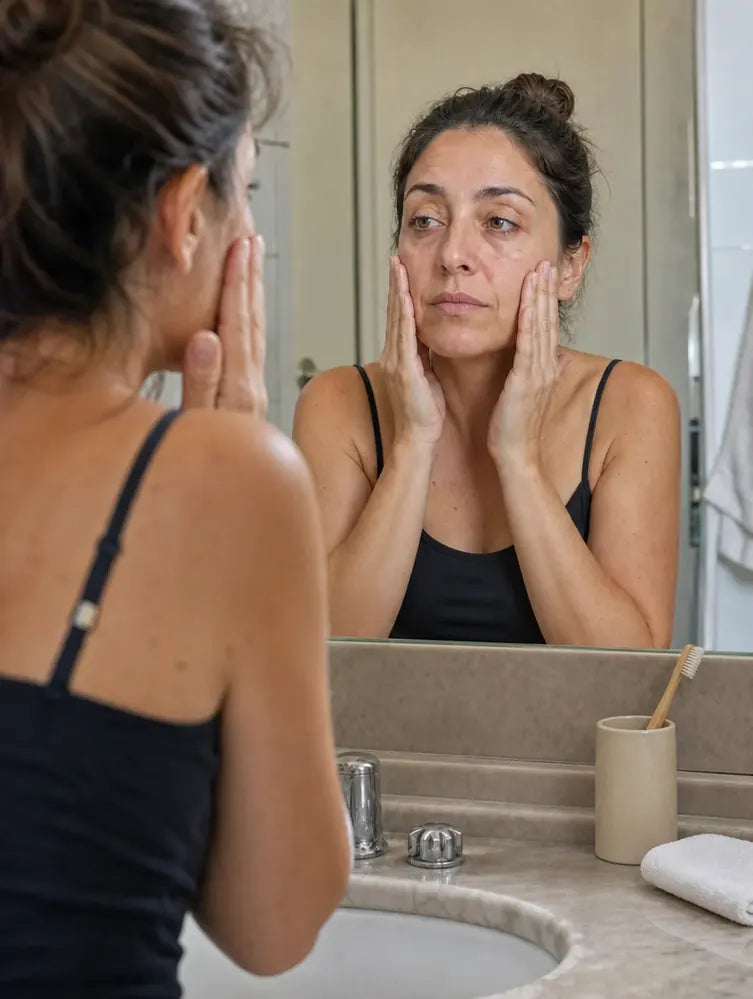 Mujer frente al espejo tocándose la cara hinchada a la mañana