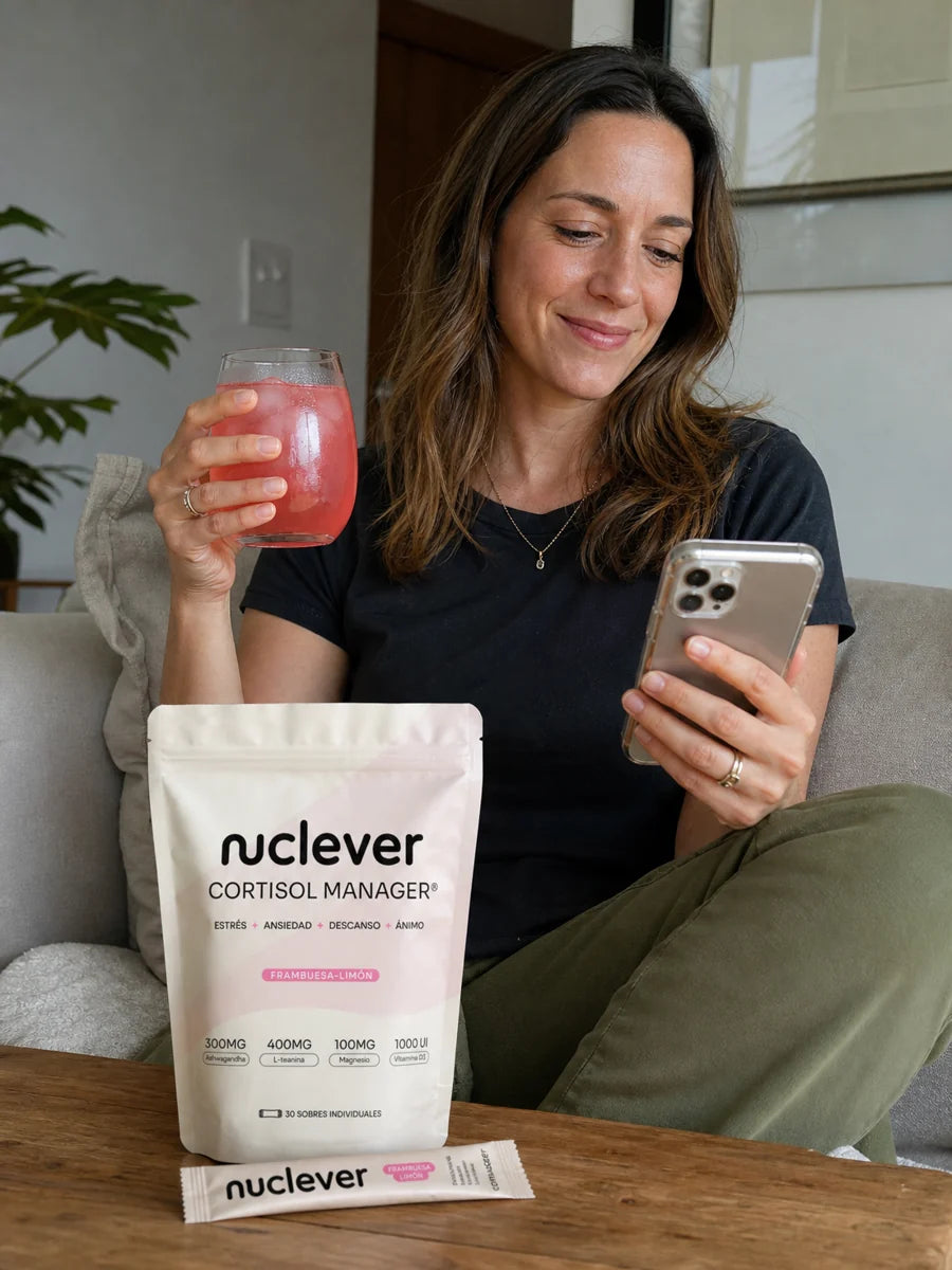 Mujer en el sillón con un vaso de Nuclever