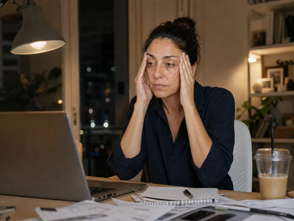 Mujer estresada frente a la computadora de noche
